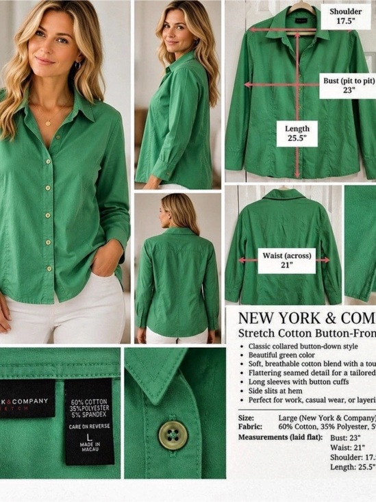 New York & Company Tops - New York & Company Stretch Cotton Button-Front Shirt Green Stretch Cotton Shirt